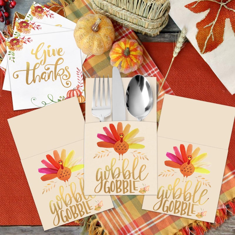 ORIENTAL CHERRY Thanksgiving Napkins - 54 Pack Gold Foil Napkins Paper (36 Pcs) with Cutlery Holders (18 Pcs) - Give Thanks Table Decorations for Autumn Fall Harvest Wedding Dinner Party Disposable Centerpiece Decor - Image 5